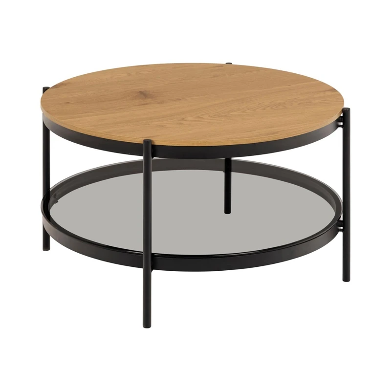 Luxury Matt oak melamine coffee table with modern round smoke glass shelf coffee table