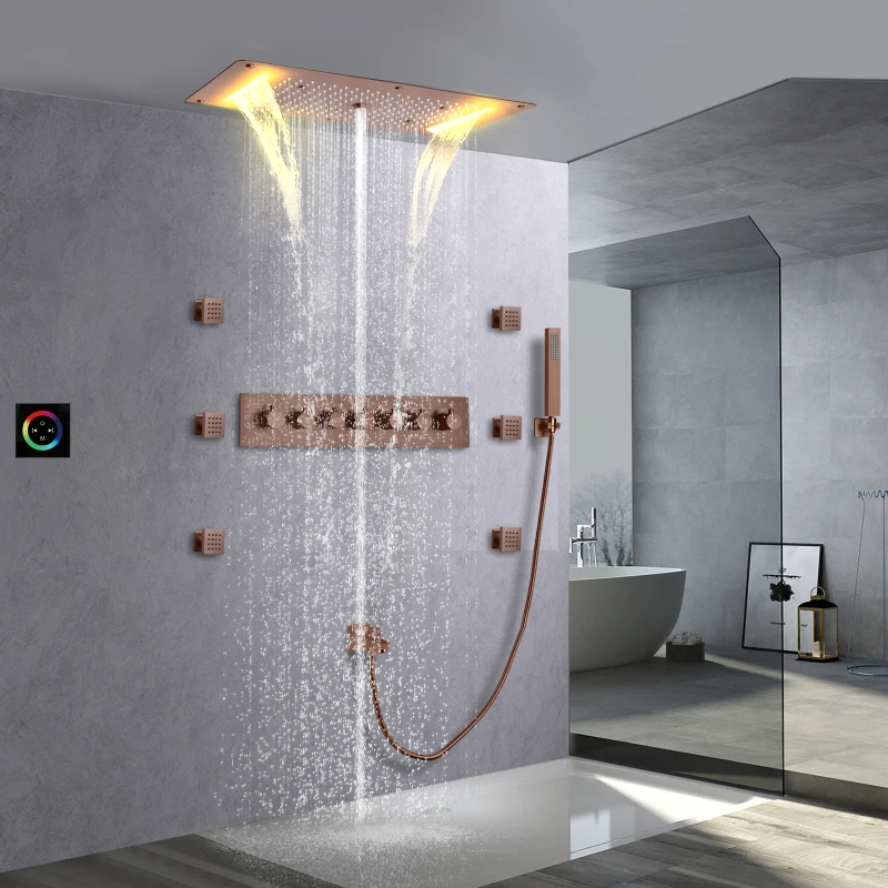 28*15 Inch LED Shower Head Waterfall Rain Fog Ceiling Recessed Bathroom Thermostatic Bath & shower Sets