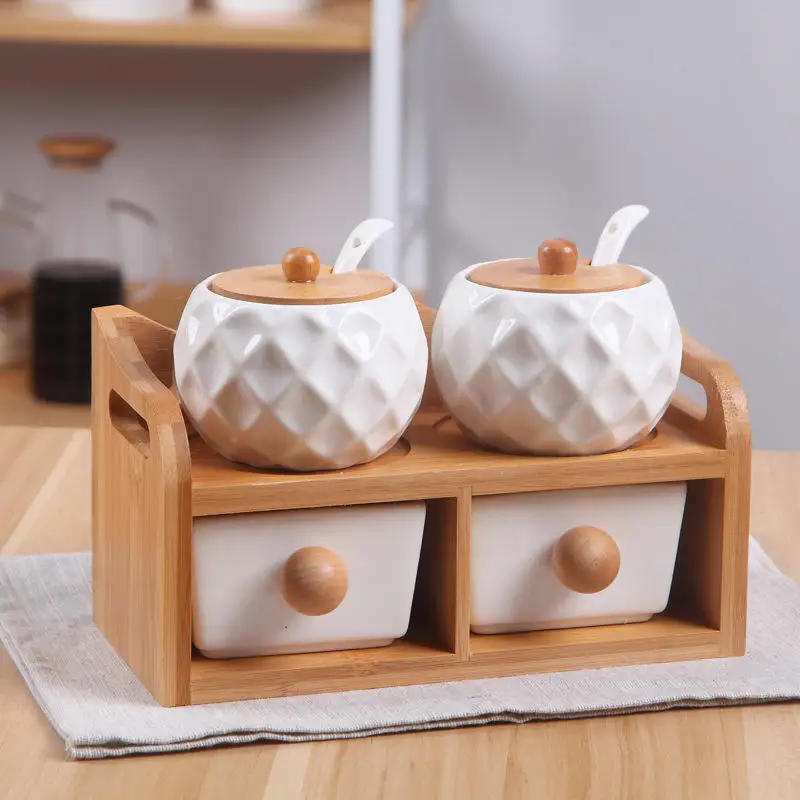 2 Tier Ceramic Cheap Spice Jar Set Seasoning Box Kitchen Salt Sugar Container with Bamboo Stand Rack