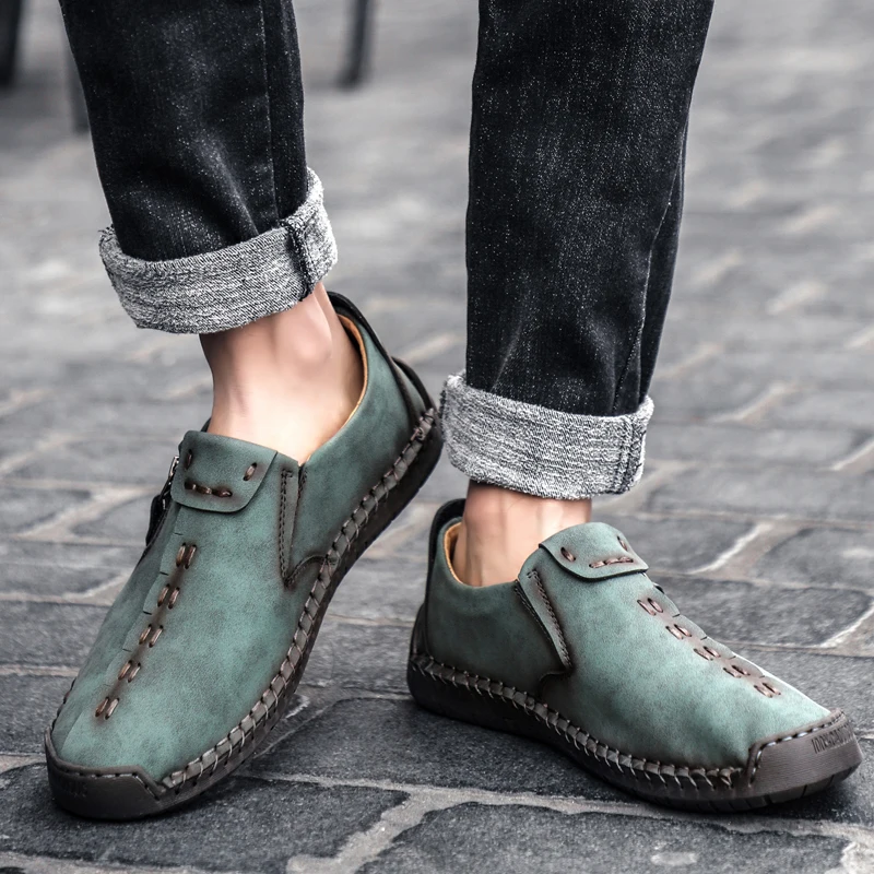 Genuine Leather Men Casual Shoes Business Formal Dress Shoes Fashion British Style Loafers Zipper Design Flats Men Driving Shoes