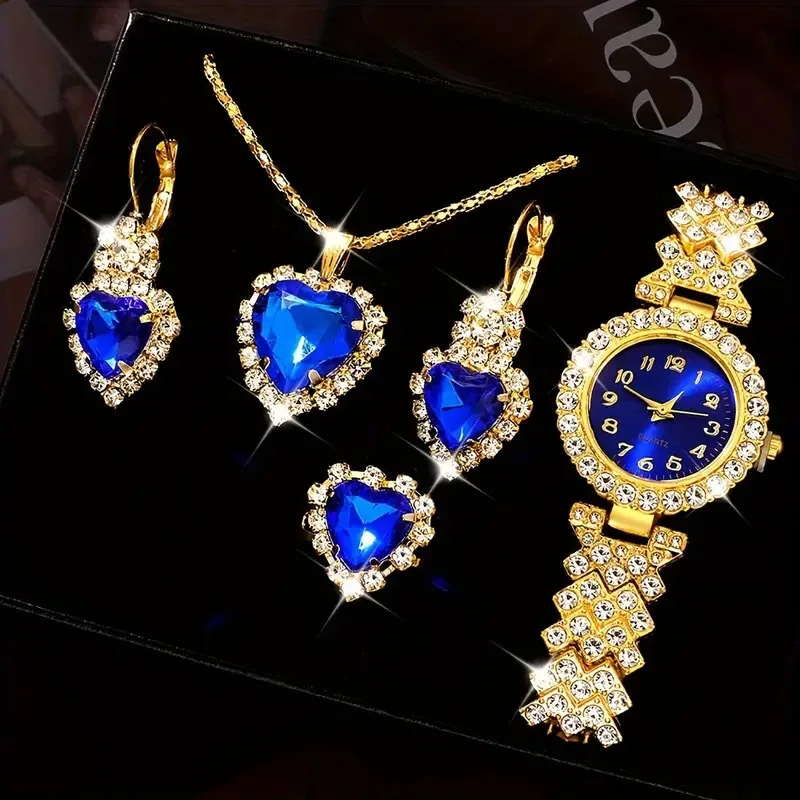 NJC Fashion Analog Wrist Watch & 5pcs Jewelry Set Stylish Rhinestone iced out watches set Gift For Women