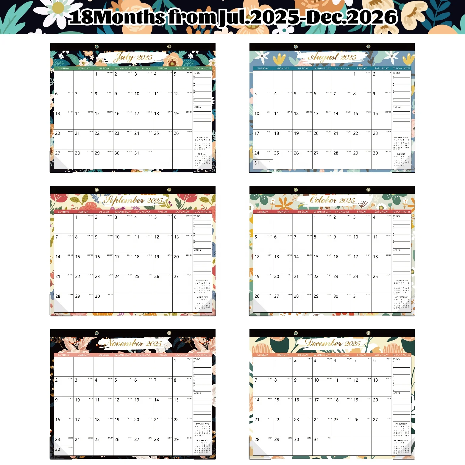 Floral Design Monthly Wall Calendar from Jul. 2025 - Dec. 2026 with Corner Protectors & Large Ruled Blocks