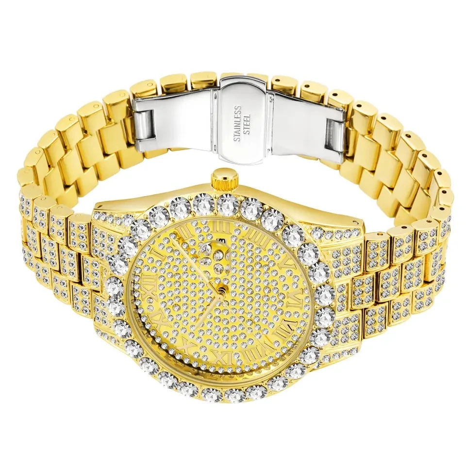High Quality Western Style Iced Out Waterproof Watch Paved Zirconia Stones Trendy Hiphop Punk Large Dial Watch Gold Unisex