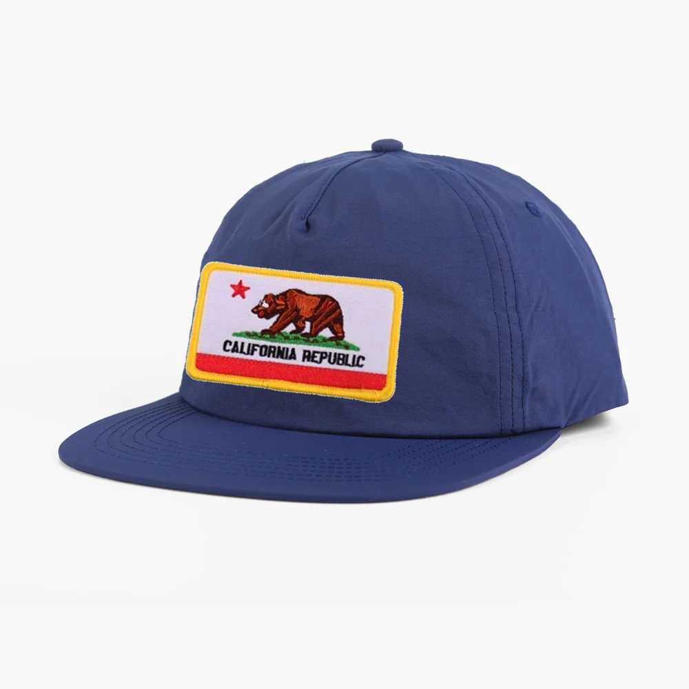 Realbond wholesale embroidery patch snapback cap unstructured 5 panel flat bill usa california cap
