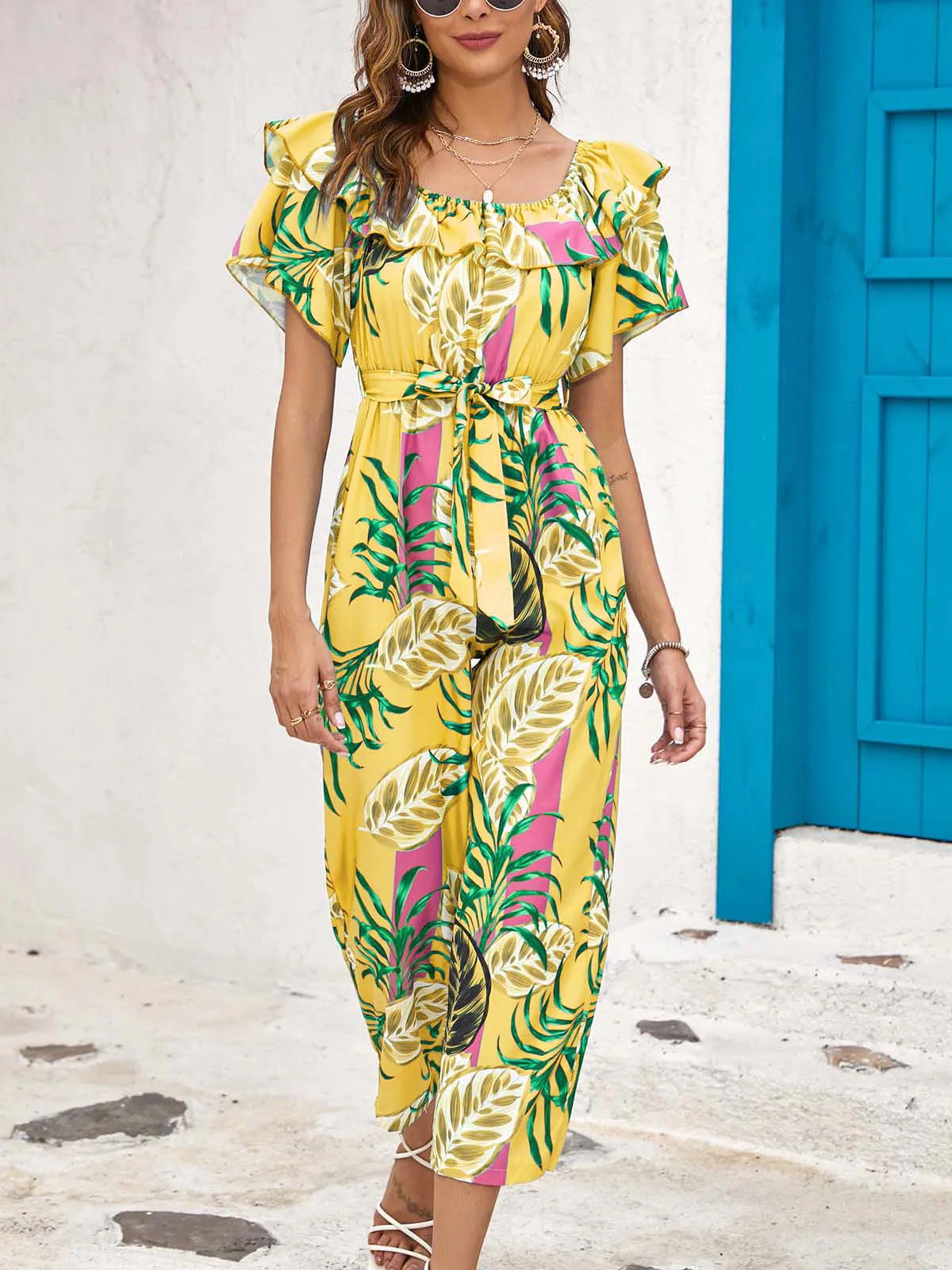 Summer Printed Lotus Edge Europe and America Loose Leisure Beach Holiday Wide Leg Jumpsuit