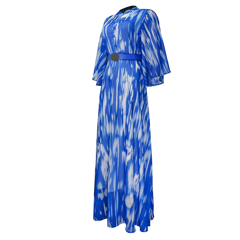 Print chiffon batwing sleeve belt turkish silk saree plus size boubou african traditional dresses islamic clothing