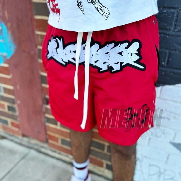 Embroidery Patch Custom logo High Quality Lightweight 100% Polyester Nylon Shorts Side Buttons Gym Nylon Sports Men