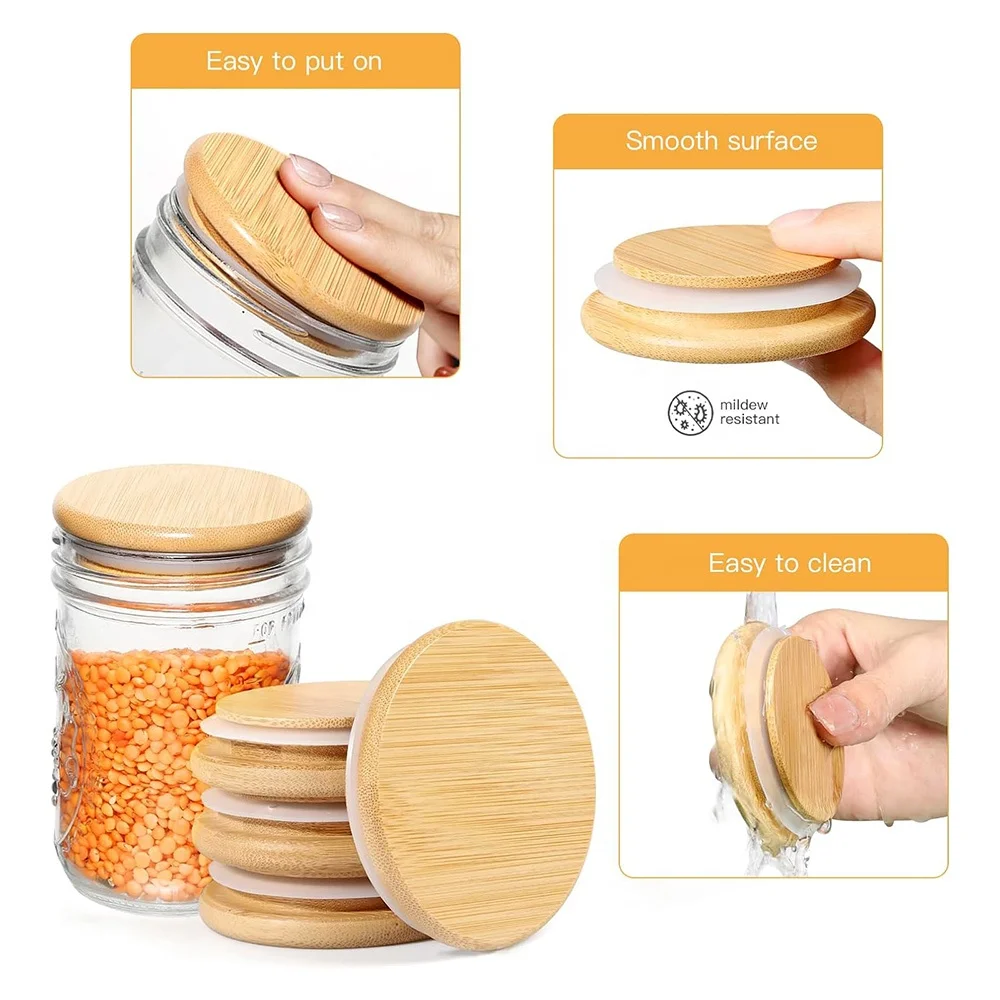 Custom Bamboo Lid Eco-friendly Reusable Round Seal Lid Drink Mason Jar Storage Cup Candle Jar Bamboo Lid With Seal Ring