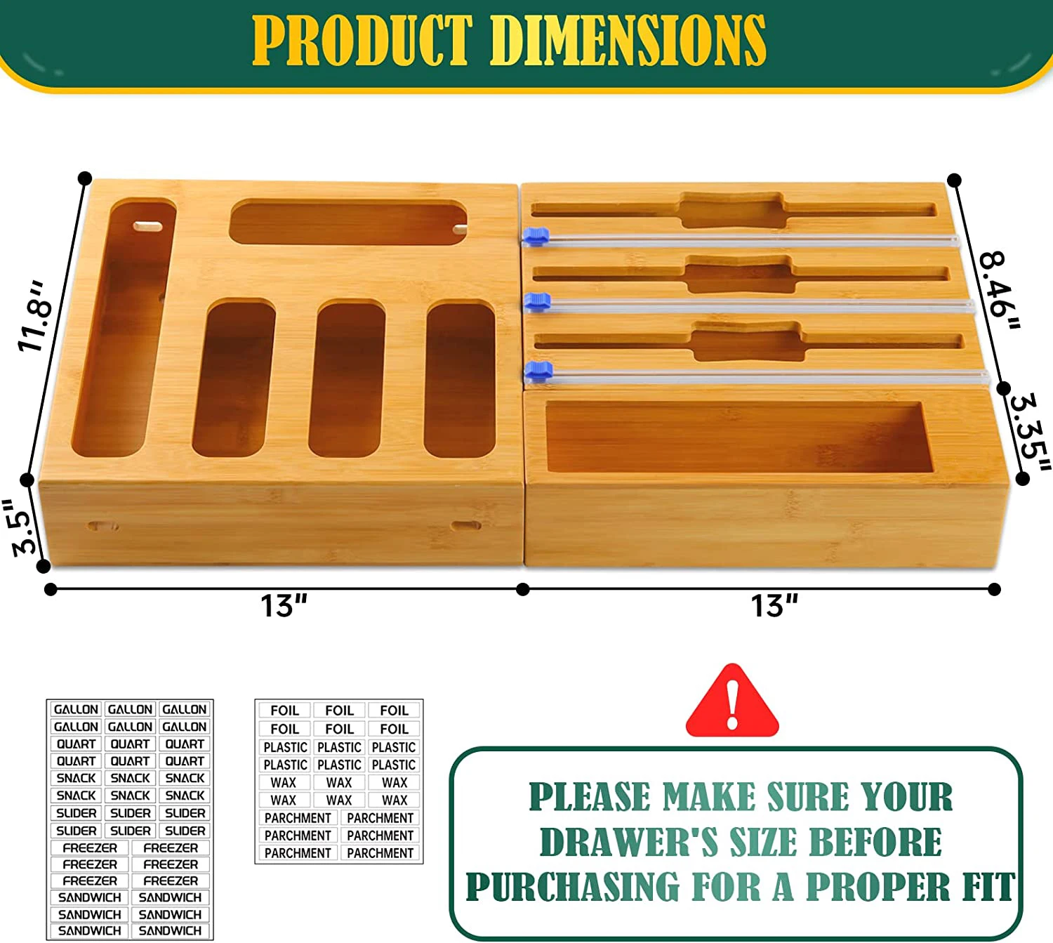 9 in 1 Bamboo Ziplock Bag Storage Organizer Foil and Plastic Wrap Organizer Dispenser With Cutter