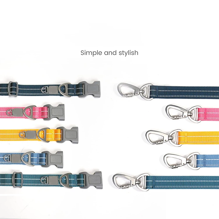 QQgift custom Dog Lead and Collar Set for Small Dog Adjustable pet Lead with Carabiner and Padded Handle with Reflective Stripes