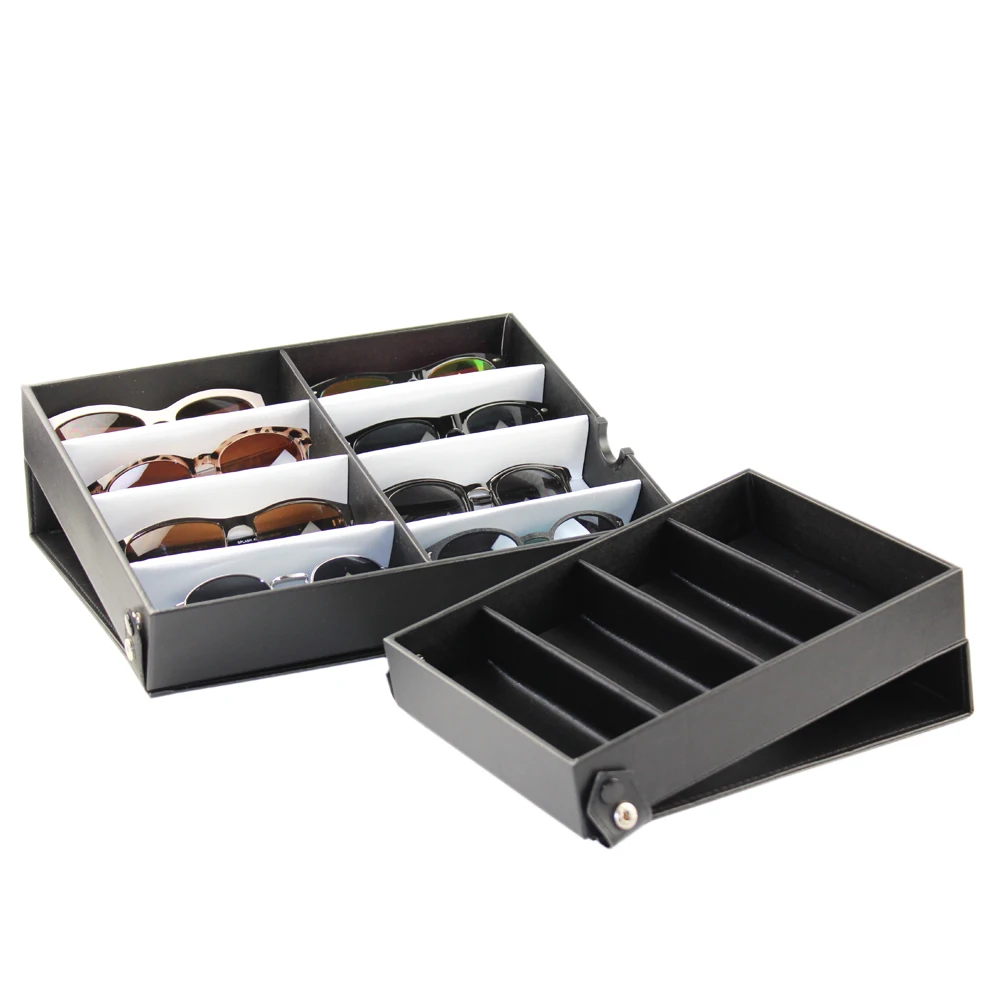 Чехол из ПУ кожи черный белый 8 слотов для очков дисплей с кнопкой лоток солнцезащитных оптический