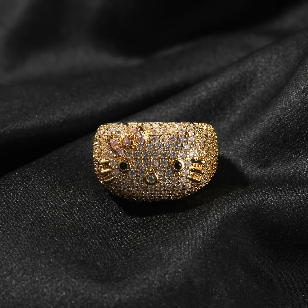 Sanrio Cartoon HK Cat Rings with Cat Face Ring Women 18K Gold Plated Iced Out 5A CZ Y2K Cute Jewelry Girls Ring