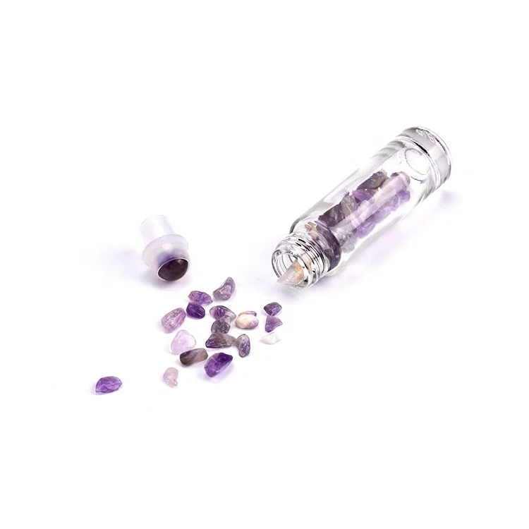 10ml Essential Oil Roller Bottles For Eye Care Amethyst Roller Ball Glass Bottle with Crystal Chips