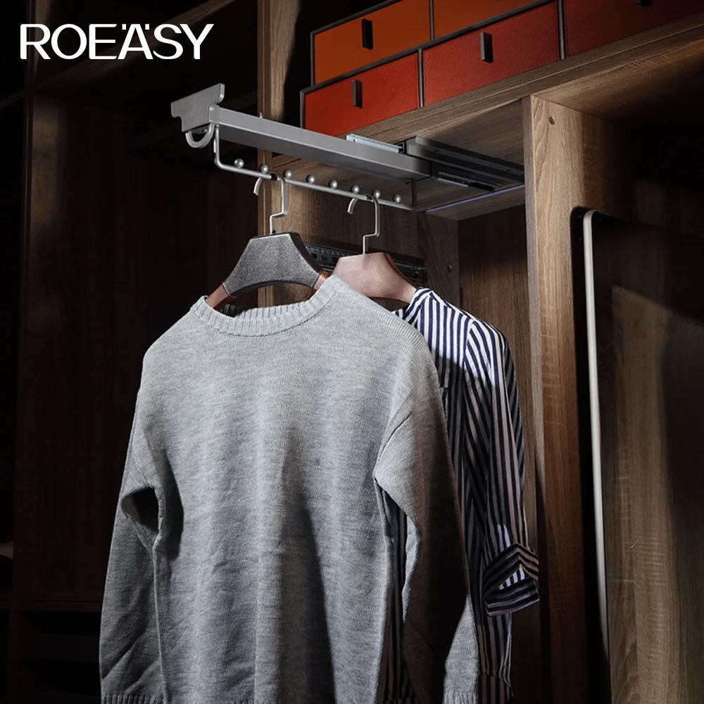 ROEASY Pull Out Buffer Slide Pants Rack Bedroom Hanging Clothes Steel Wardrobe Simple Folding Portable Wardrobe Clothes Closet