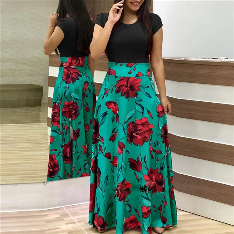 Hot sale women summer dress flower print plus size patchwork high waist ladies maxi dress