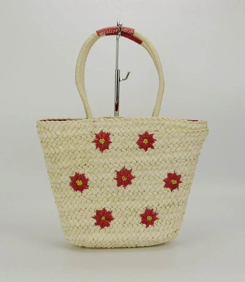 Europe Market Natural Straw Corn Basket Bag Custom Floral Beach Basket Straw Bag Embroidery logo