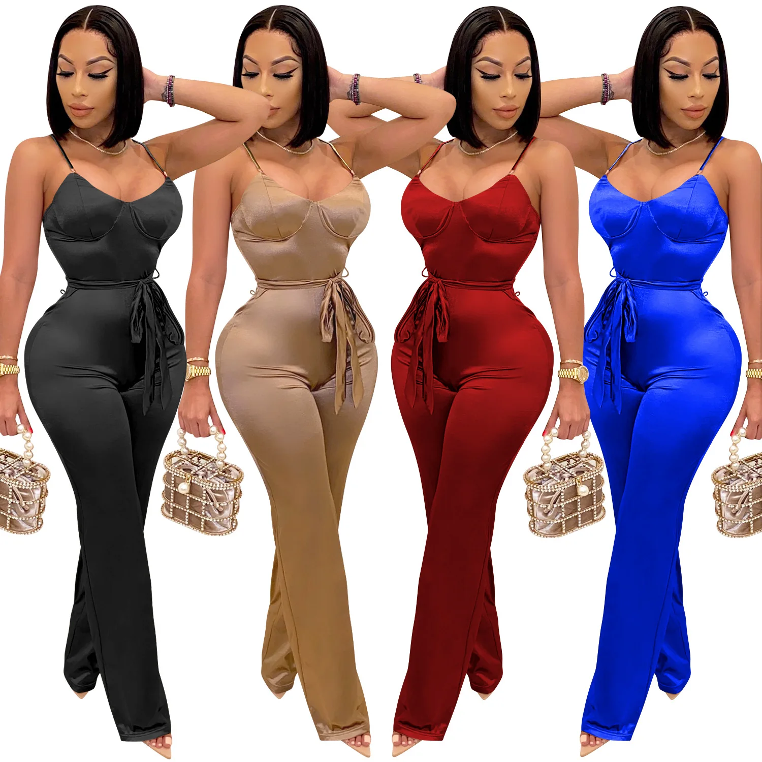 
2021 New Arrivals Fashion Women Casual Spaghetti Sleeveless Waist Belt Wide Leg Pants Solid Satin Jumpsuit 