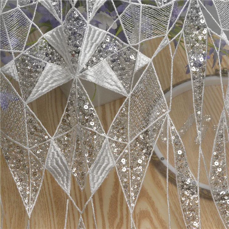 Customized High Quality Fashion Style Design Fancy Diamond Pattern Embroidery Lace Fabric With Sequin