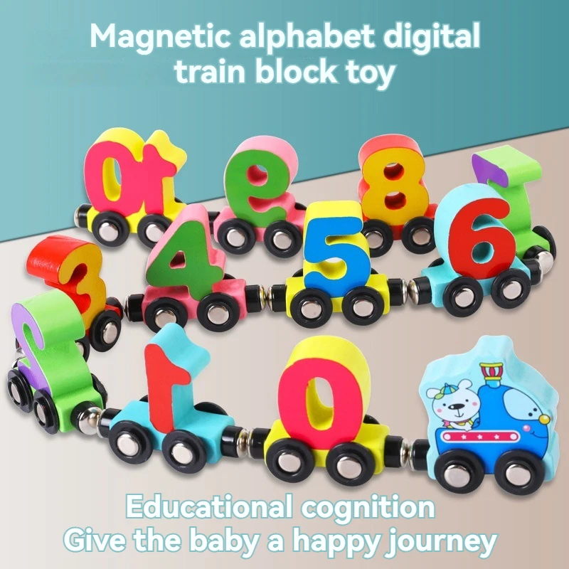 Wholesale baby wooden cartoon dinosaur magnetic alphabet digital assembly and dragging animal train blocks set toy car