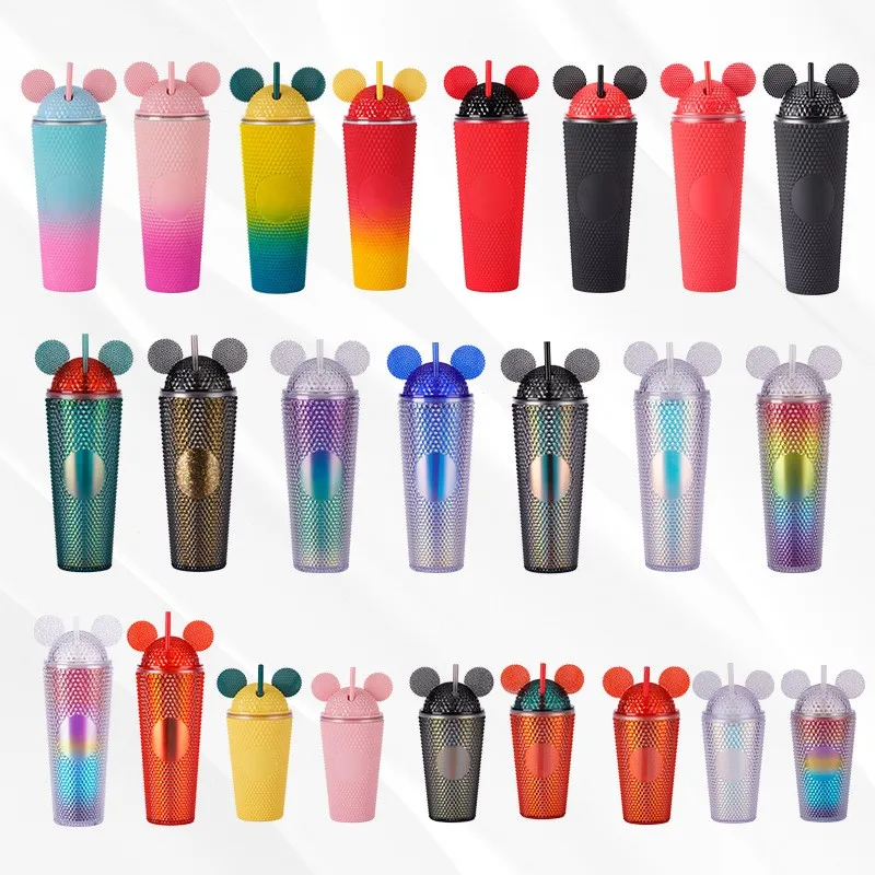 New Style Custom 24oz Double Wall Acrylic Diamond Twinkles Studded Mickey Plastic Cups with Dome Lid And Straw For Gift