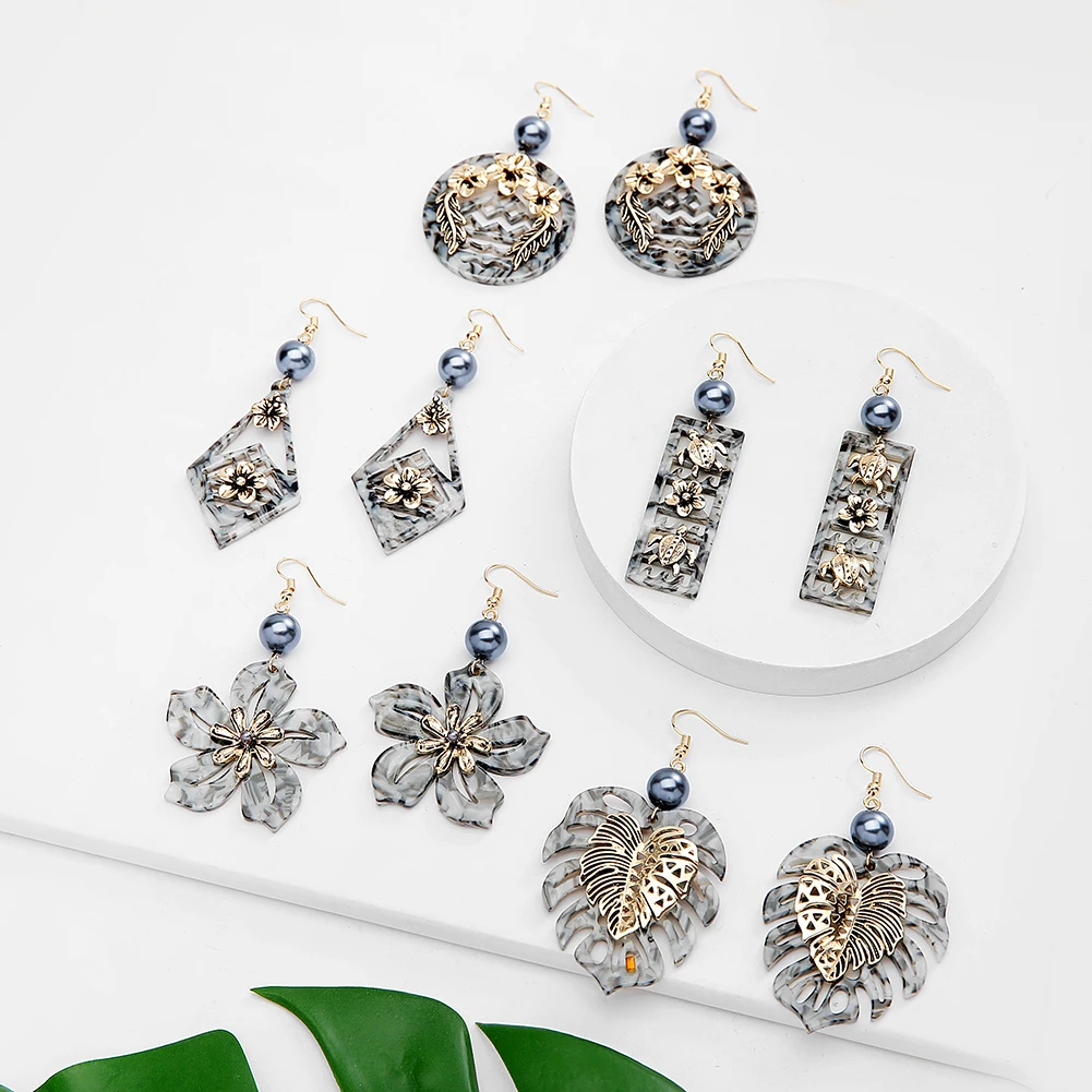 SophiaXuan Holiday Acrylic Earrings Pearl Dangling Gold Plated Leaf Pendant Hawaiian Earrings