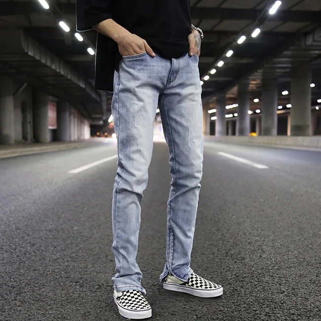 
OEM street light blue washed straight denim jeans ankle zipper slim fit pants casual vintage outdoor trousers stock dropshipping 