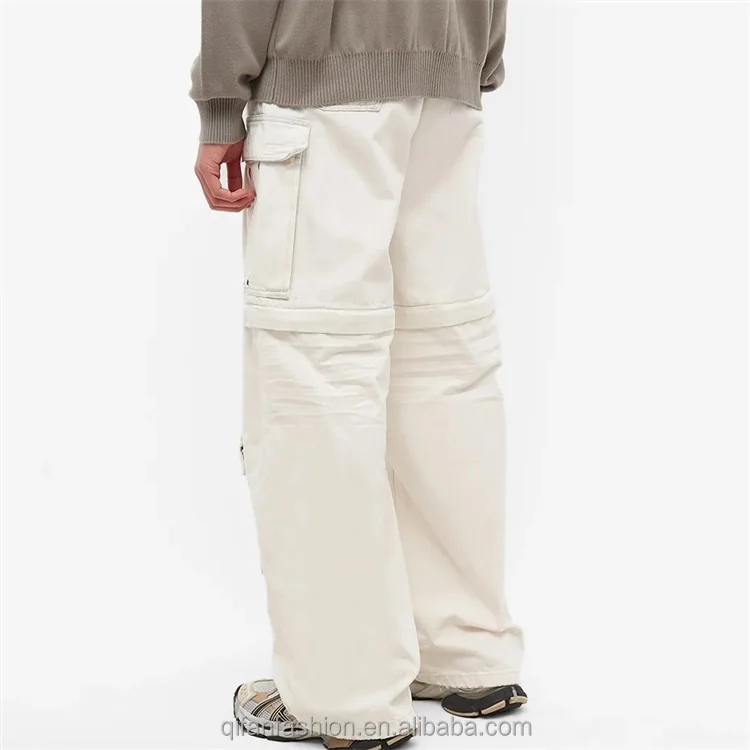 Custom beige zip off at the knees shorts multiple pockets oversized cargo pants for men