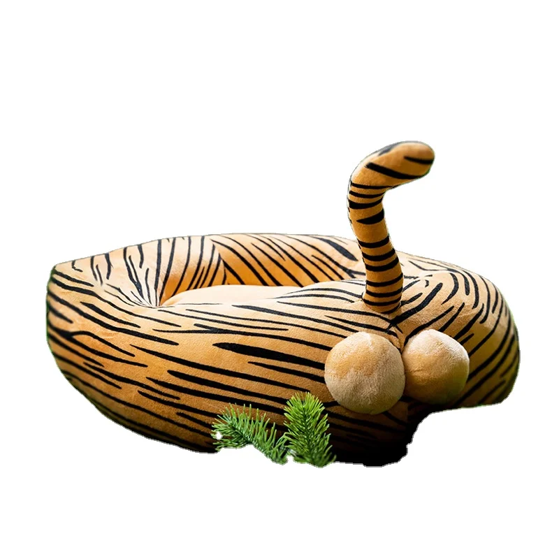 New Series Tiger Shape Cat Sleeping Warm Nest Bed Durable Cave for Indoor or Small Dogs Machine Washable Linen Fabric