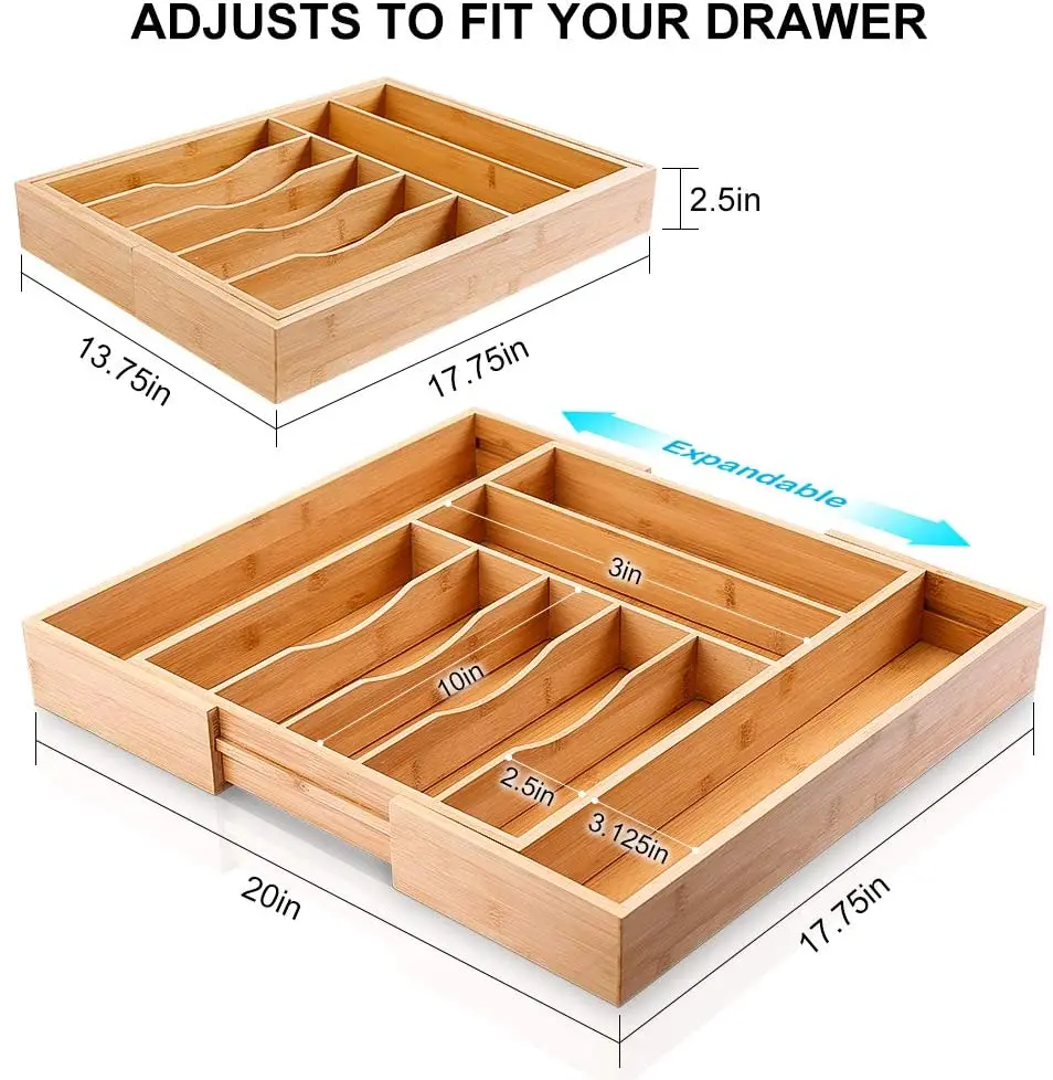 Hot sell  Bamboo Cutlery Tray  Utensil Silverware Flatware Drawer Organizer Dividers with 6 Compartment for Kitchen