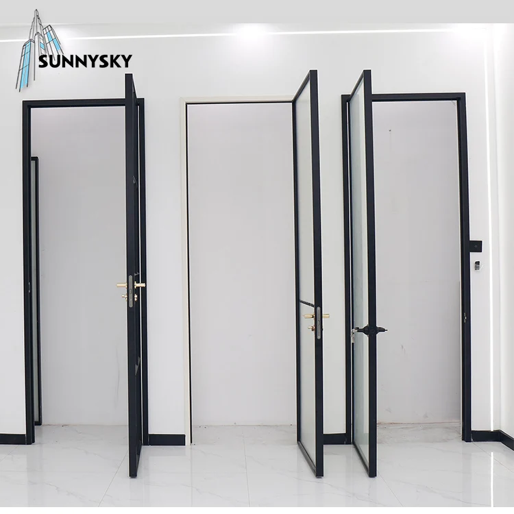 High quality minimalist narrow border switchable aluminum casement frosted glass door