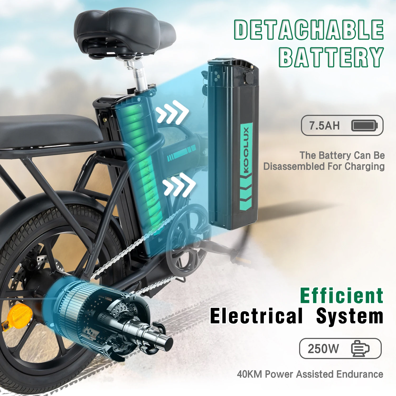 KOOLUX Factory Priced 25kmh 250w Small Folding Cruiser Electric Bike Green BMX for Adults Aluminum & Steel Fork Alloy Rim