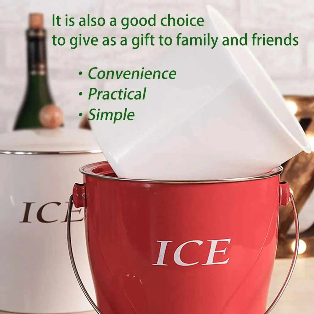 Vintage Red 4L Metal Double Walled Ice Bucket Set For Home Kitchen Gifts With Lid wooden Handle And