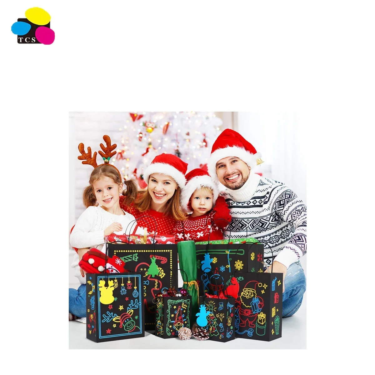 Made in China Glow in The Dark 4 Large/5 Medium/7 Small Christmas Paper Bags With Tags