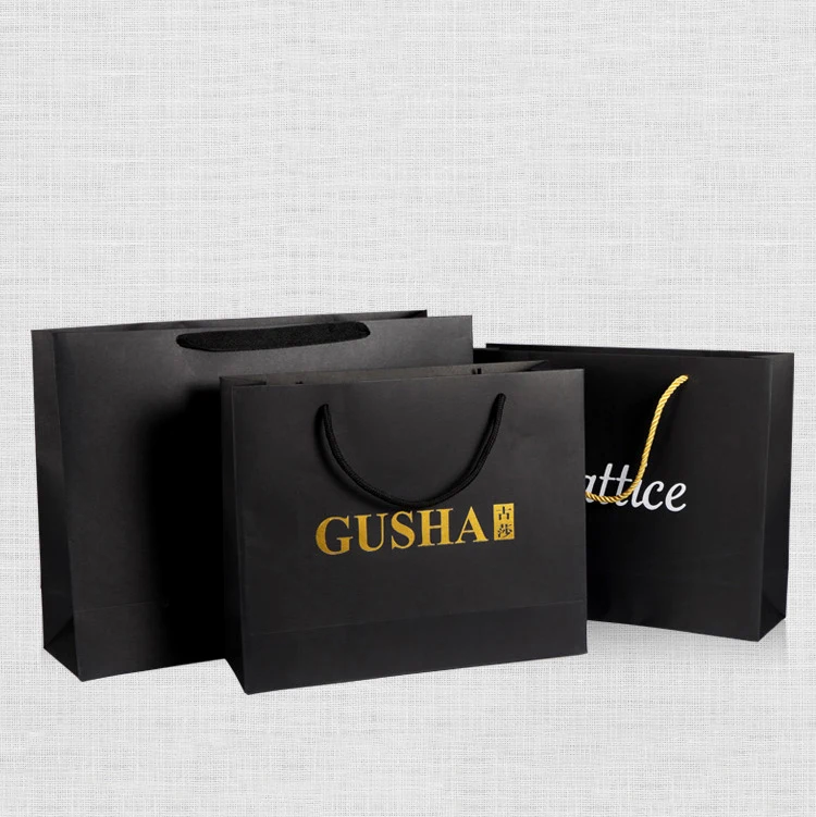 Wholesale Boutique Jewelry Packaging Luxury High Quality Golden Edge Black Paper Bag With Logo Custom Printed