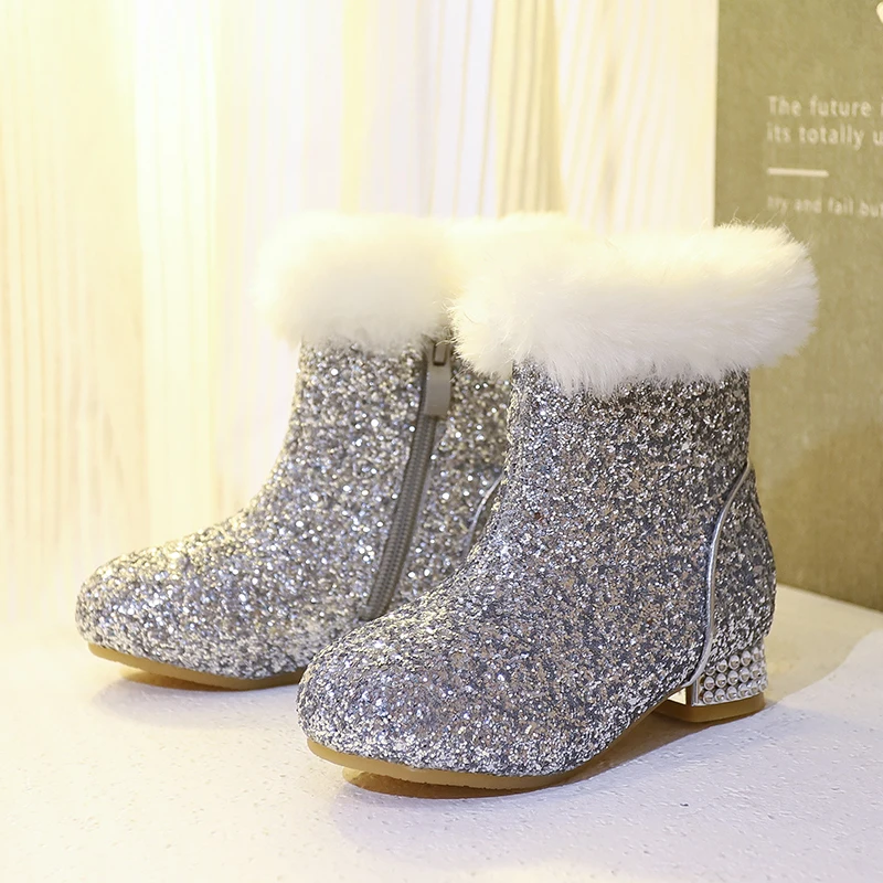 Зимние новые детские кожаные сапоги на высоком каблуке для маленьких девочек плюшевые детские зимние сапоги