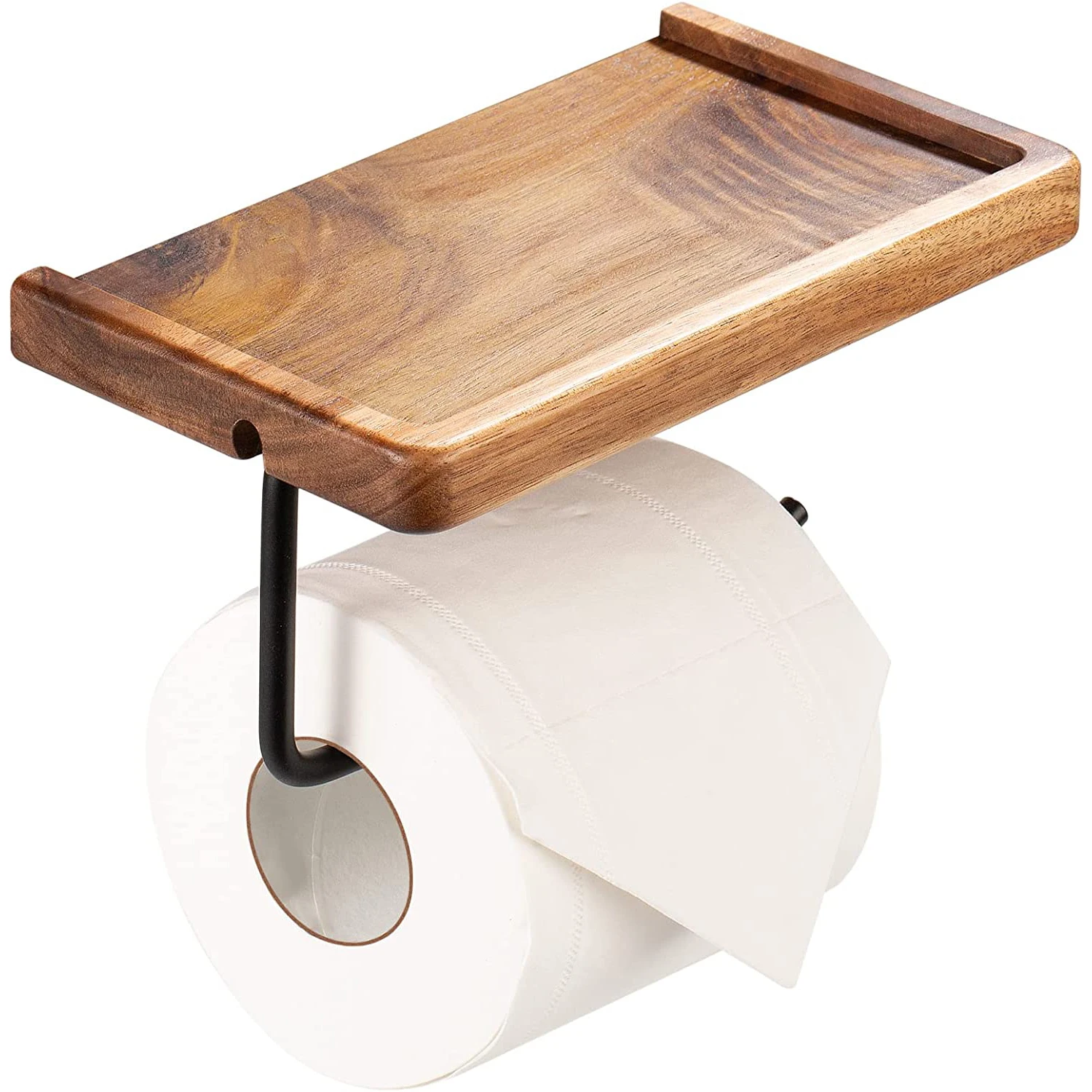 Wall Mount Acacia Wood Bathroom Accessories Toilet Paper Holder with Storage Shelf for Phone Candle Planter Pot
