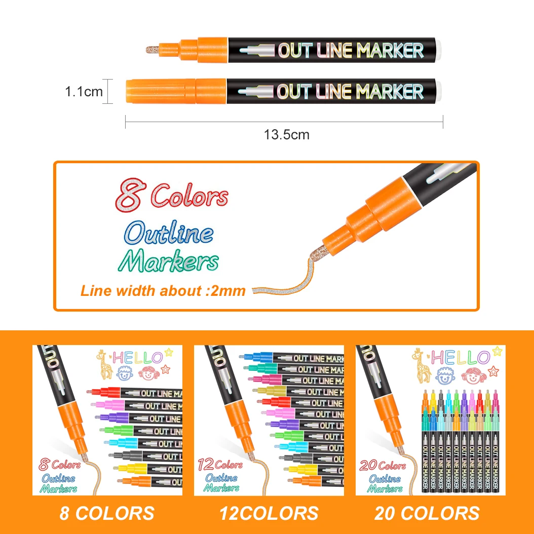 Self-outline Metallic Markers, 8/12/20  Colors Double Line Outline Squiggles Markers, washable Sketch marker pens