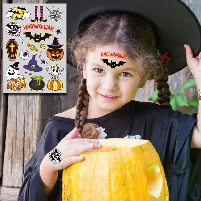 Halloween Tattoo Sticker metallic Children Kids Temporary Tattoo Stickers on Face Arms Legs Children Art Cartoon Stickers