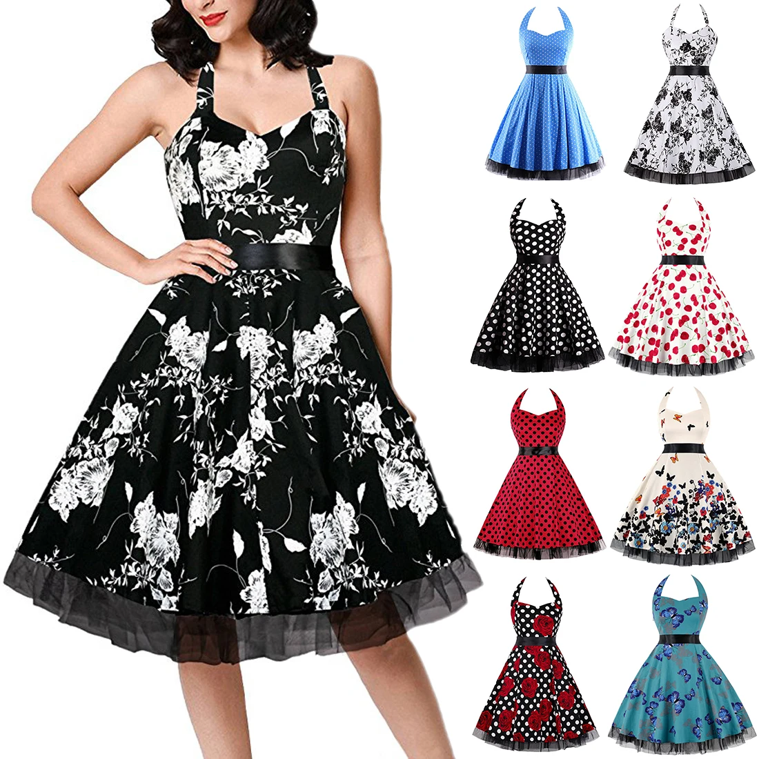 Women Summer Polka Dot Print Party Robe Femme Black Retro Vintage Swing Prom Rockabilly Midi Dresses