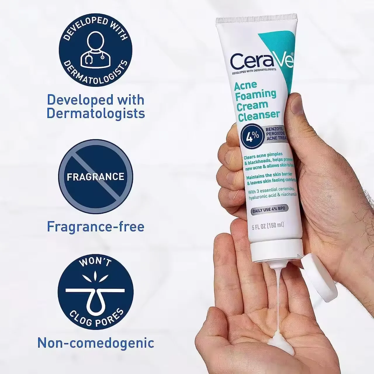 Cera Ve 150ML 4% Benzoyl Peroxide Face Deep Cleansing Acne Foaming Cream Cleanser