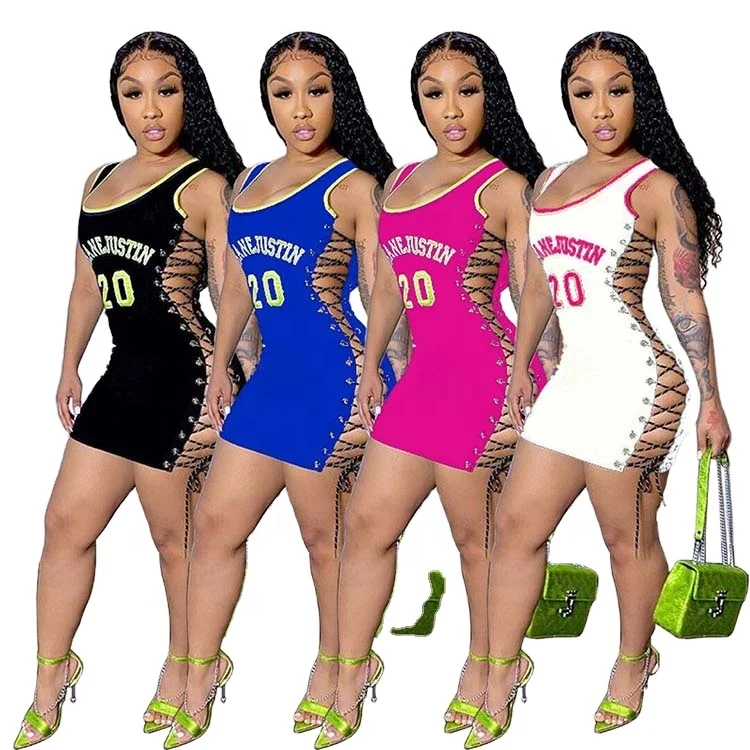 YS521235 New Arrival 2021 Sexy Club Dresses with Sleeveless O Neck Print Bandage Hollow Out Character Patchwork for Adult Woman