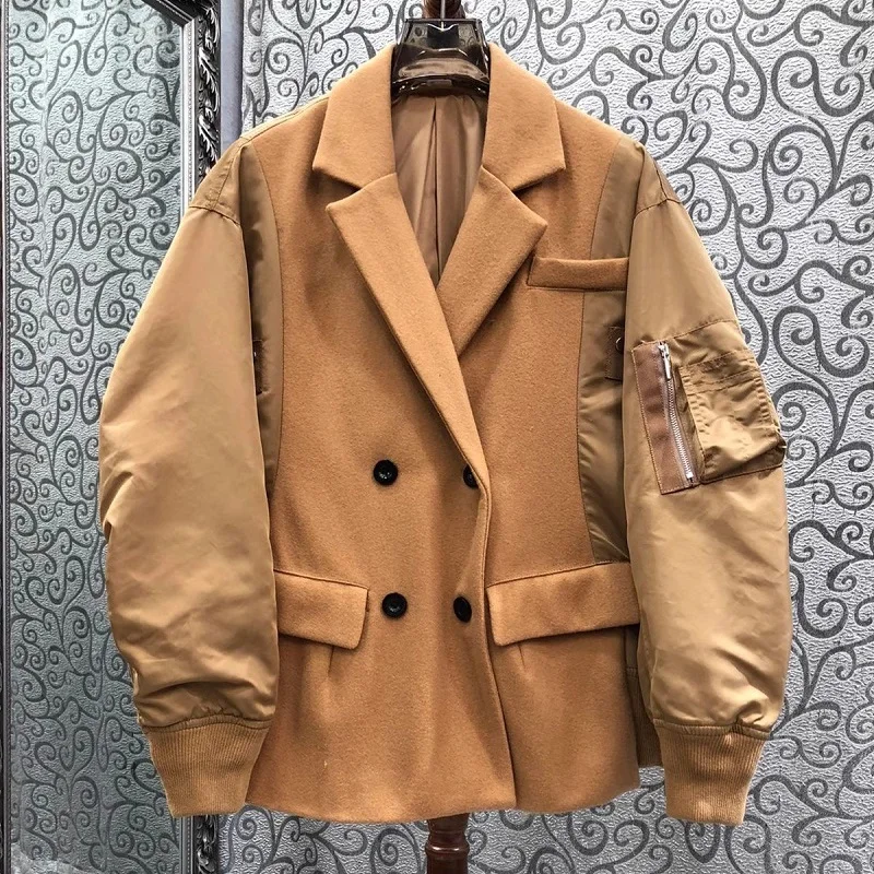 Top Quality New Blazer Coats 2024 Autumn Winter Outerwear Women Notched Collar Color Block Patchwork Long Sleeve Wool Blend Coat