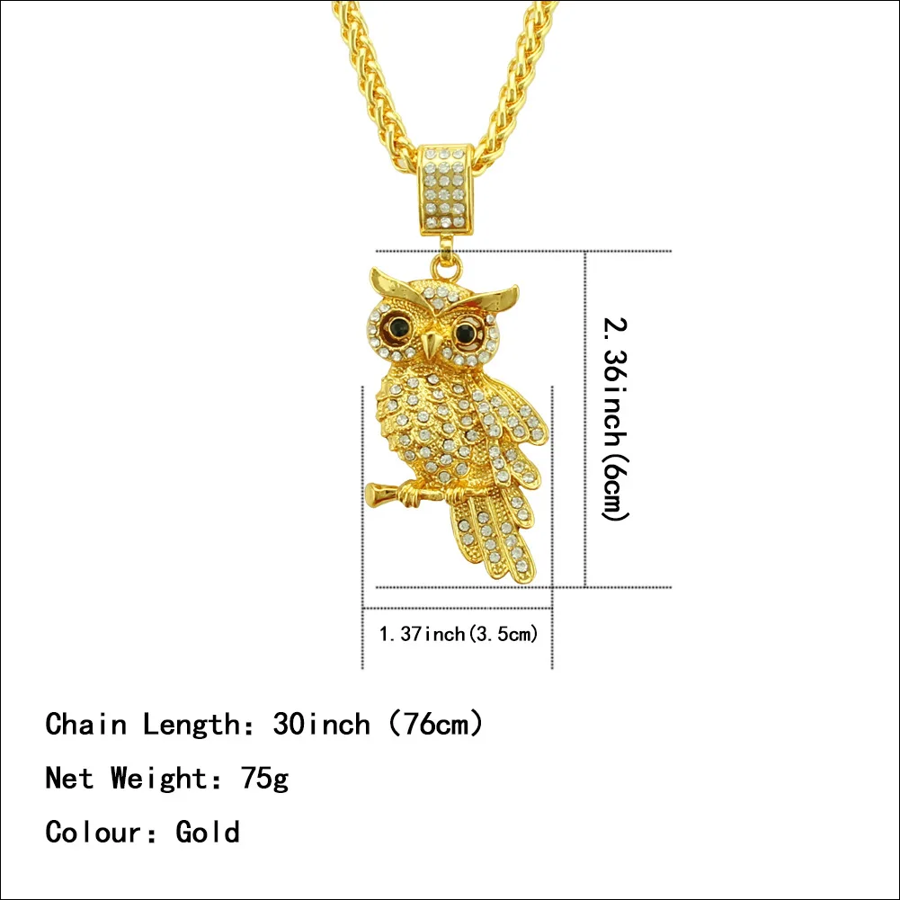 Fashion Simulated Diamond CZ 18K Gold Bling Full Iced Out Owl Pendant Necklace
