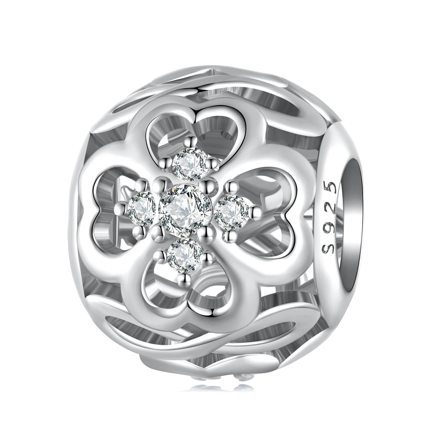 Simple Sparkling Heart Beaded 925 Sterling Silver Pave Zirconium Plated White Gold Heart Loose Bead Accessories