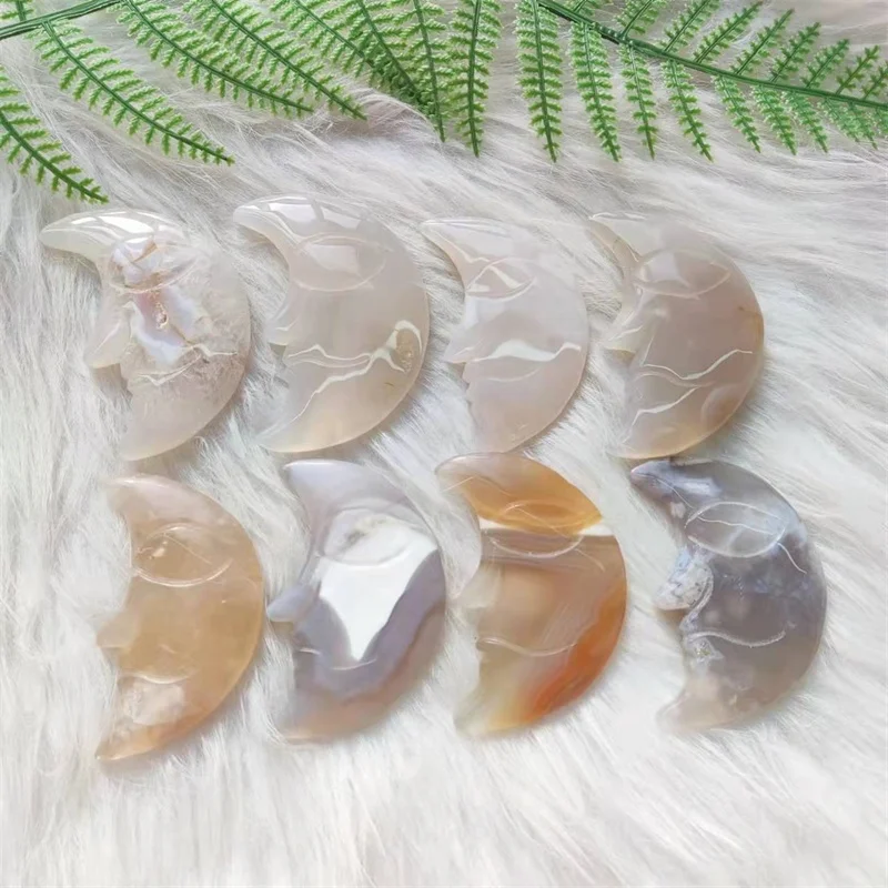 Wholesale Natural Crystal Flower Agate Moon Carving Craft Ornament Cherry Blossom Agate Moon For Decoration
