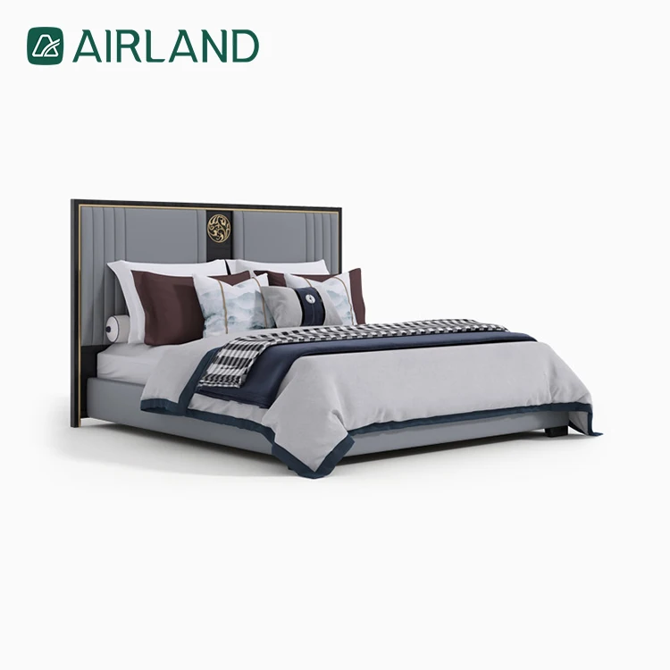 Simple gray full bed frame comfortable modern bedroom furniture genuine leather double bed