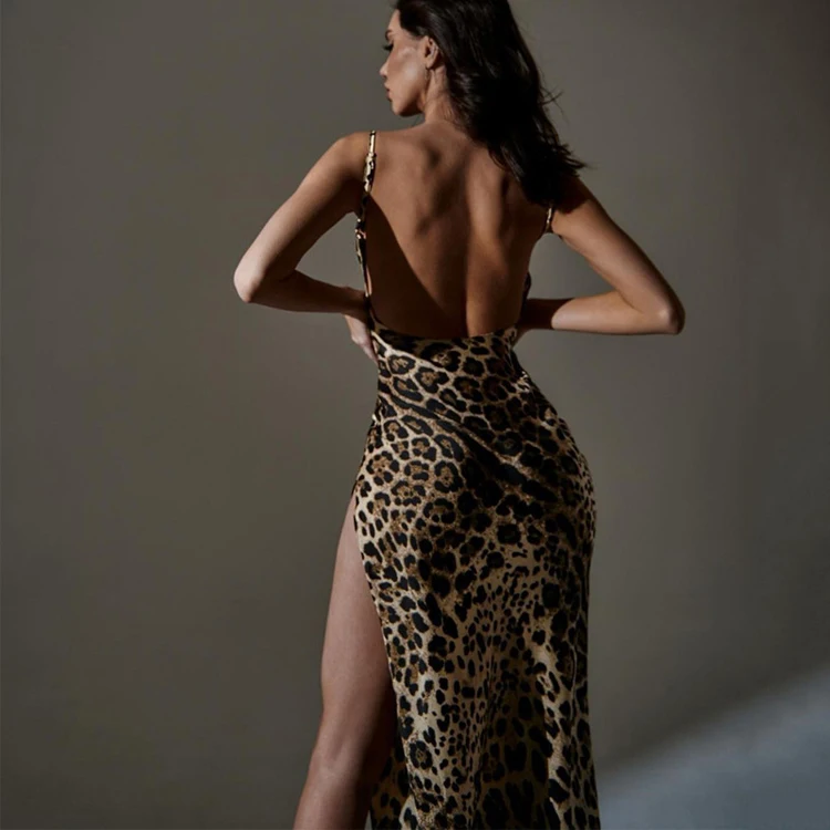Trendy Clothes Zebra Leopard Print Backless Vestidos Casuales Slit Sexy Long Dresses Women Lady Elegant
