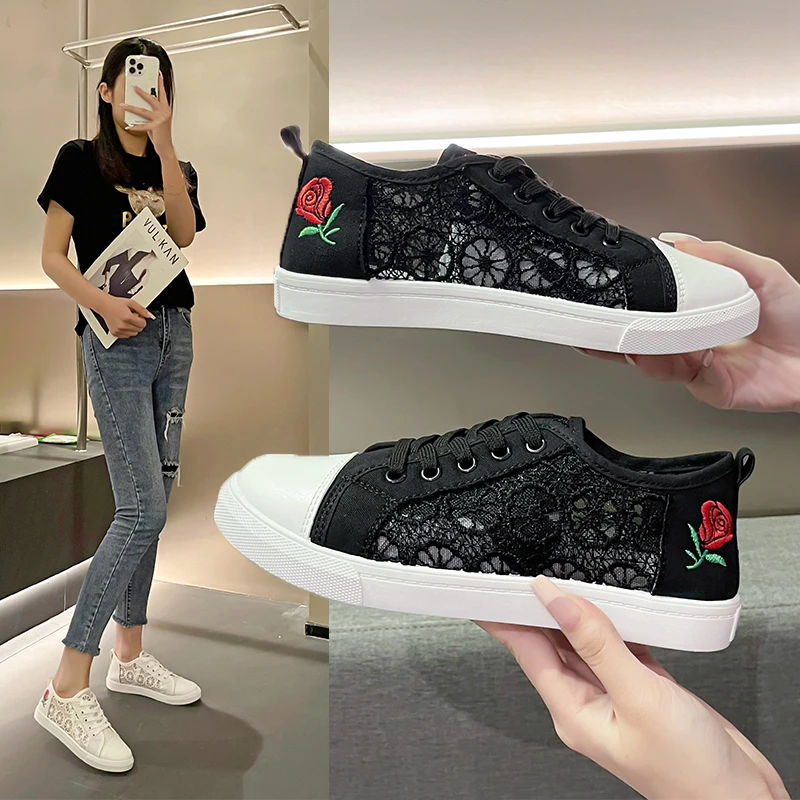 2020 new fashion flat bottom casual shoes breathable mesh rose embroidery sports shoes for women