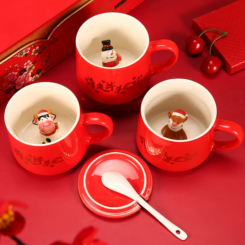 Wholesale Market Happy New Year Cow High Capacity Coffee Mug Cute Cartoon Animal Red Ceramic Cup