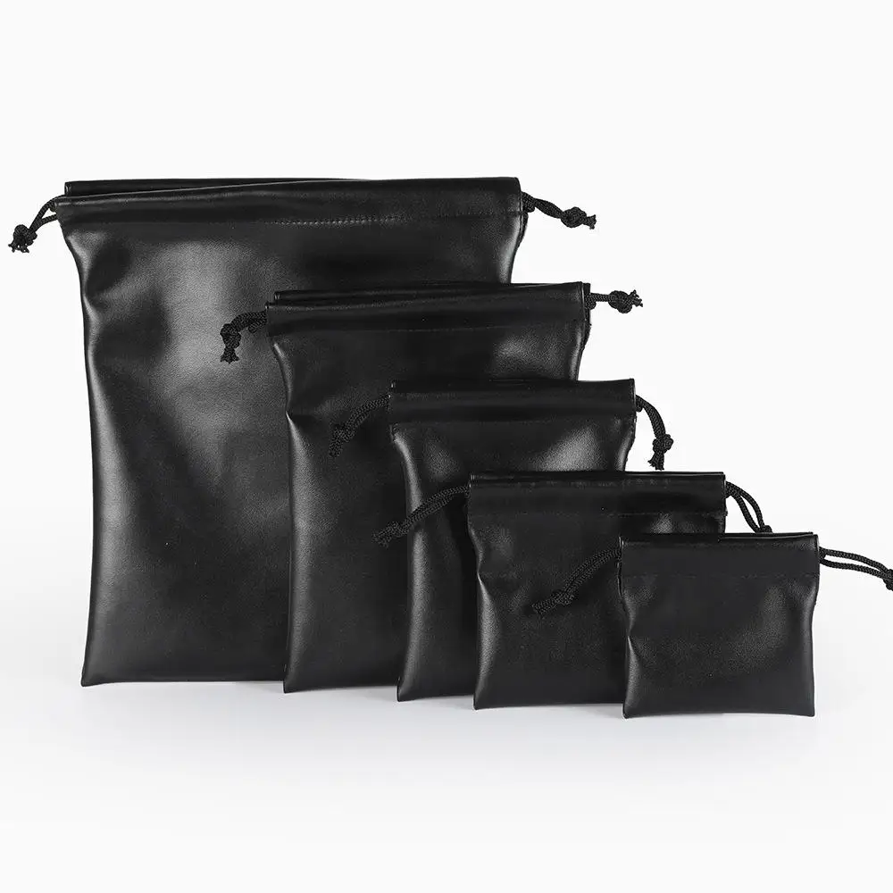 Custom Logo Waterproof Black Pu Leather Drawstring Pouch Bags for Jewelry Pouches Earphone Accessories Storage